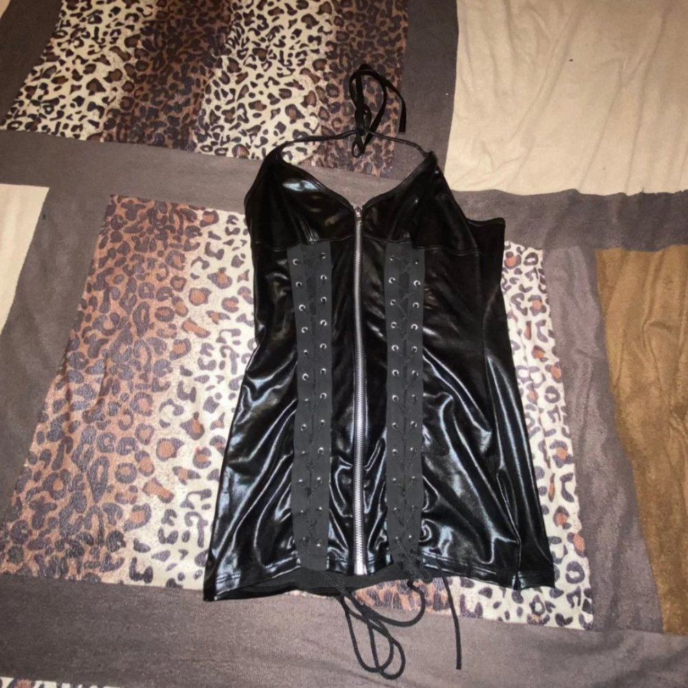 Black pleather zip-up mini dress